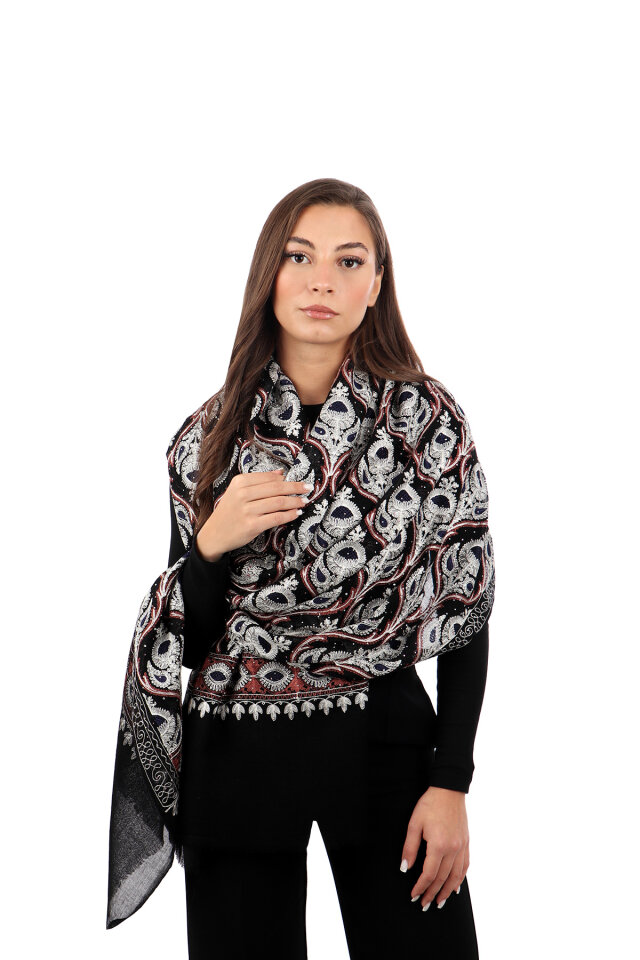 Black Chestnut Stone Embroidered Wool Silk Shawl - Bursa İpek