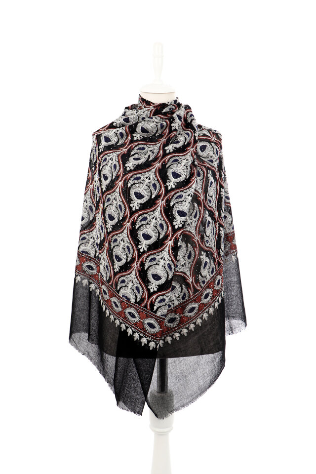 Black Chestnut Stone Embroidered Wool Silk Shawl - 2
