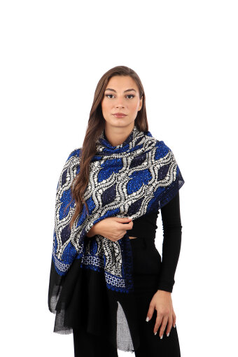 Black Saxe Stone Embroidered Wool Silk Shawl 