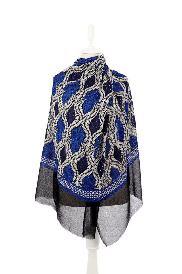 Black Saxe Stone Embroidered Wool Silk Shawl - 2