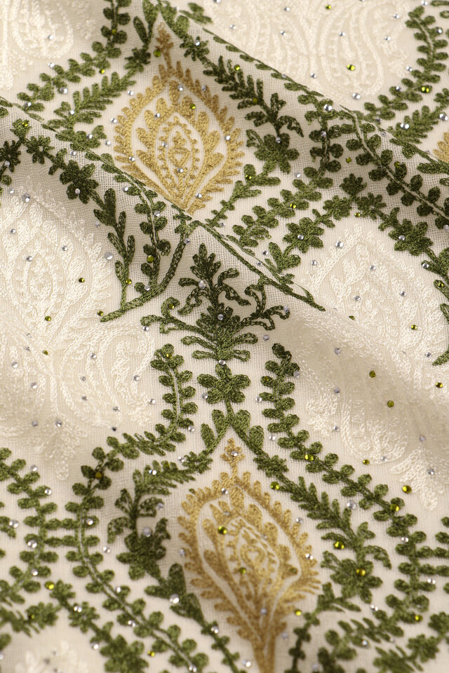 Cream Green Stone Embroidered Wool Silk Shawl - 4