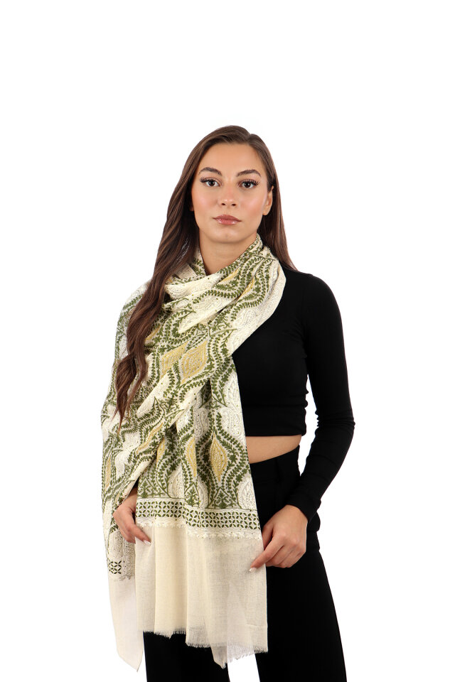 Cream Green Stone Embroidered Wool Silk Shawl - Bursa İpek