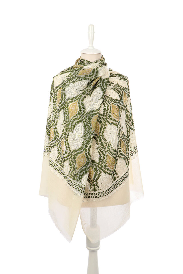 Cream Green Stone Embroidered Wool Silk Shawl - 2