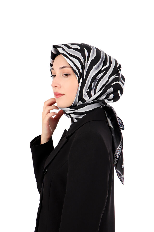 Gri Zebra Desen Twill İpek Eşarp 