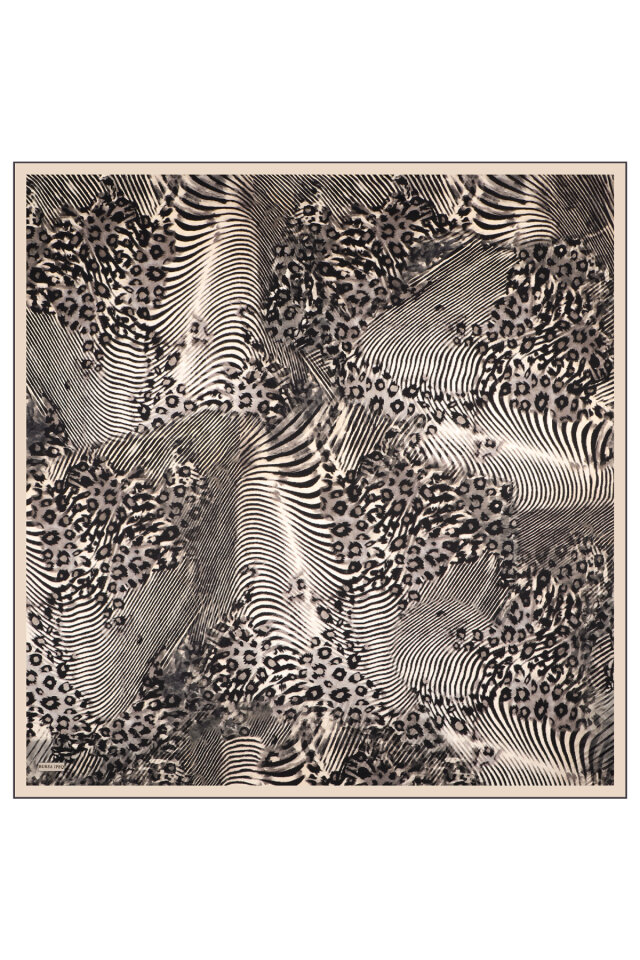Gri Zebra Leopar Desen Twill İpek Eşarp - 3