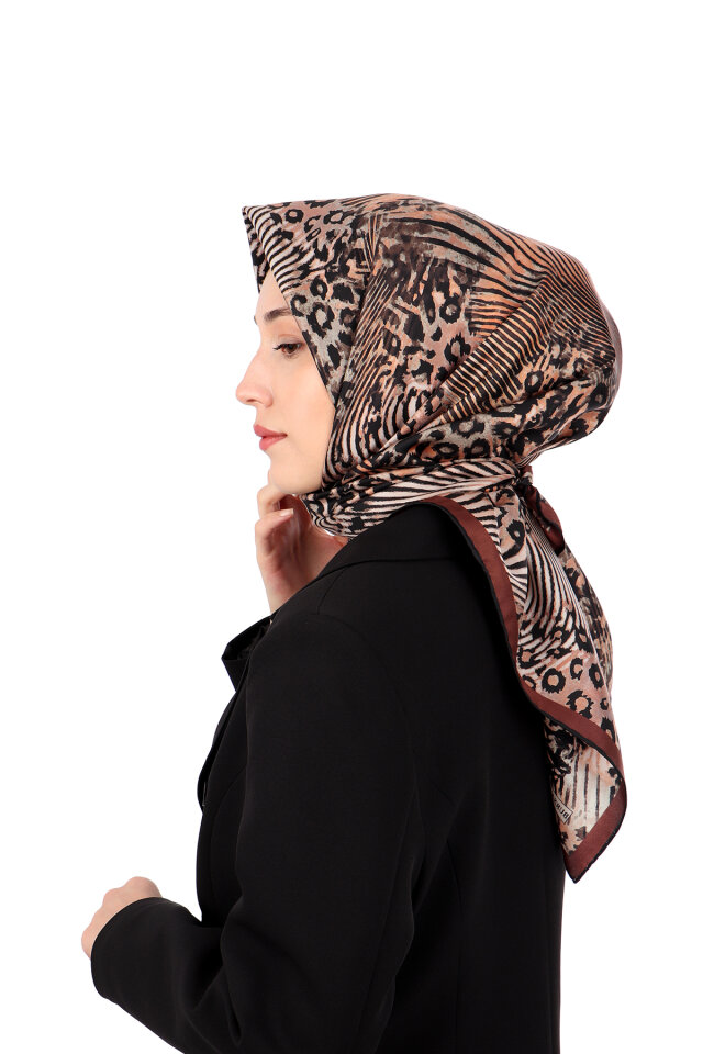 Kestane Zebra Leopar Desen Twill İpek Eşarp - 2