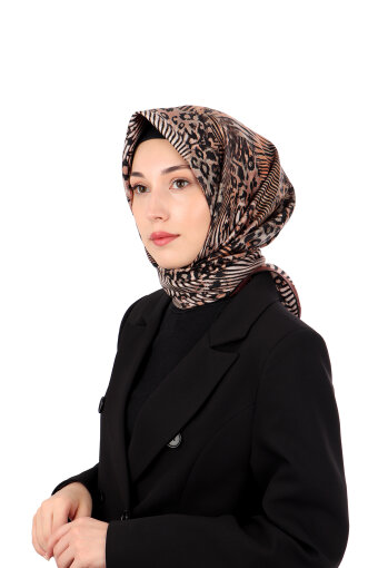 Kestane Zebra Leopar Desen Twill İpek Eşarp 