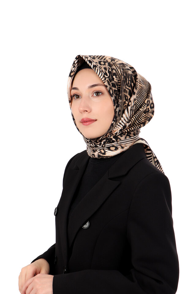 Krem Zebra Leopar Desen Twill İpek Eşarp 