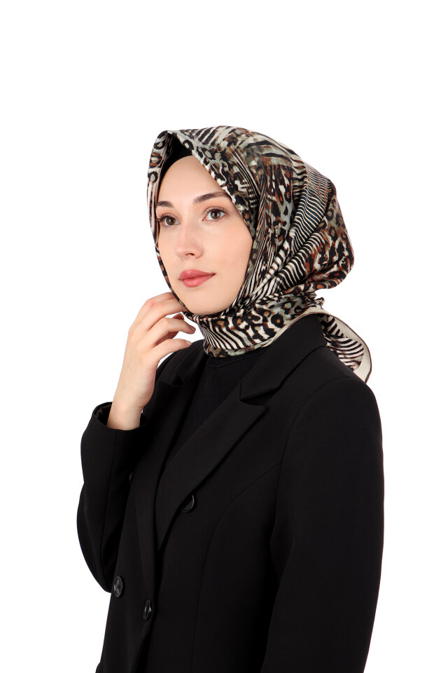 Yeşil Zebra Leopar Desen Twill İpek Eşarp 