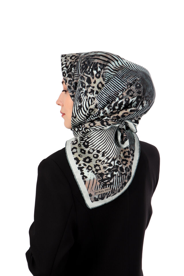 Aqua Green Zebra Leopard Pattern Twill Silk Scarf - 2