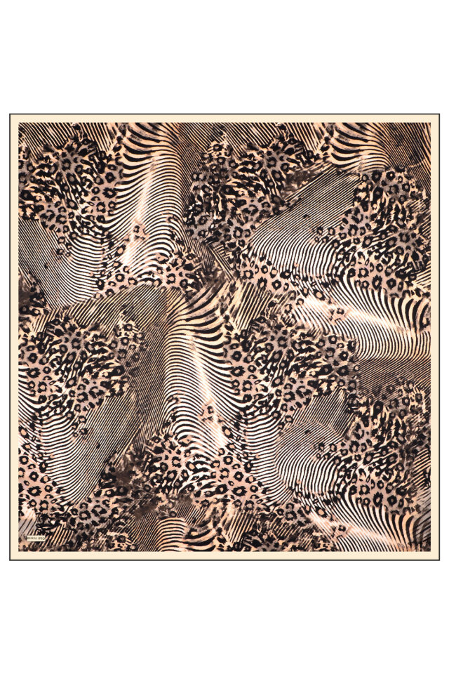 Cream Zebra Leopard Pattern Twill Silk Scarf - 3