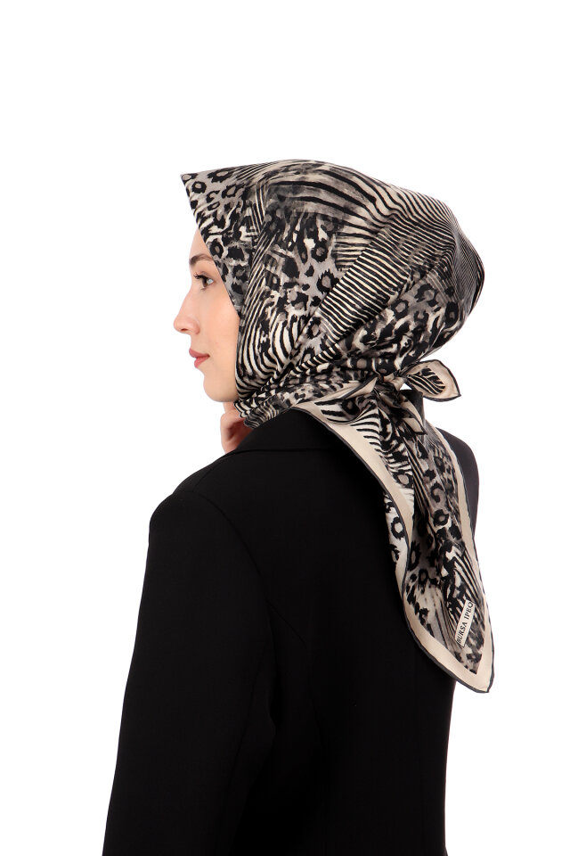 Grey Zebra Leopard Pattern Twill Silk Scarf - 2