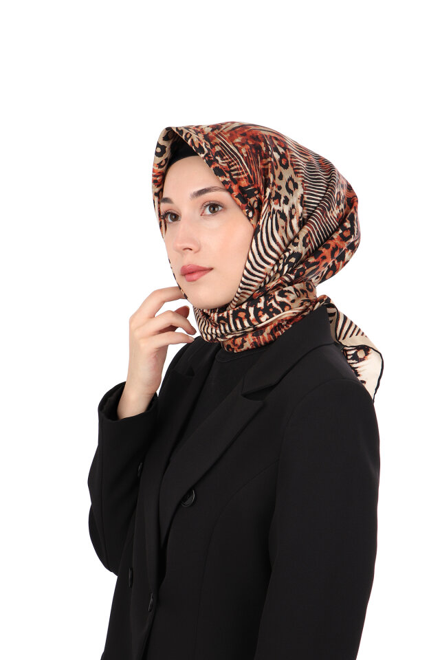 Orange Zebra Leopard Pattern Twill Silk Scarf - Bursa İpek