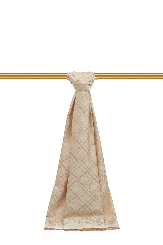 Bej Zincir Desen Jakarlı İpek Şal 