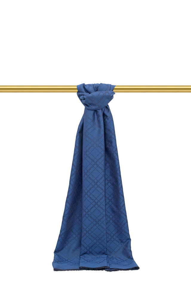 Gece Mavi Zincir Desen Jakarlı İpek Şal 