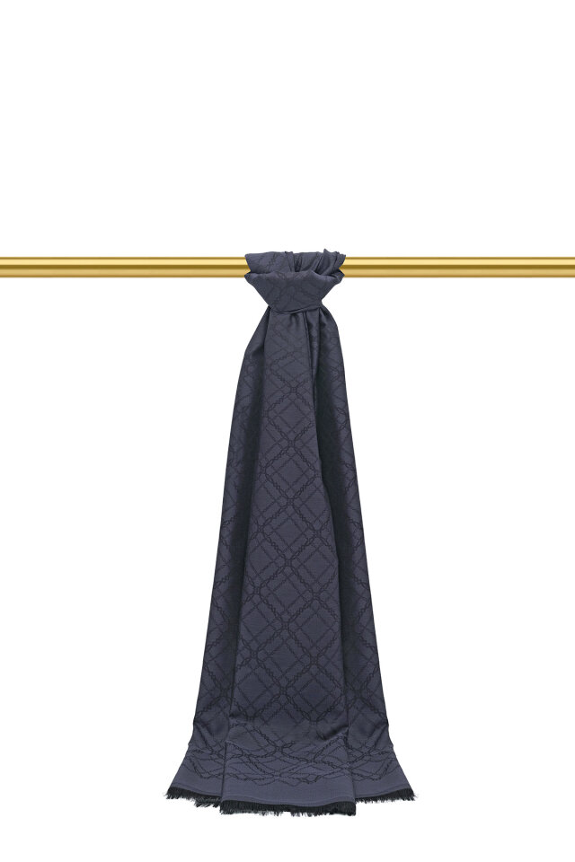 Koyu Lacivert Zincir Desen Jakarlı İpek Şal - 1