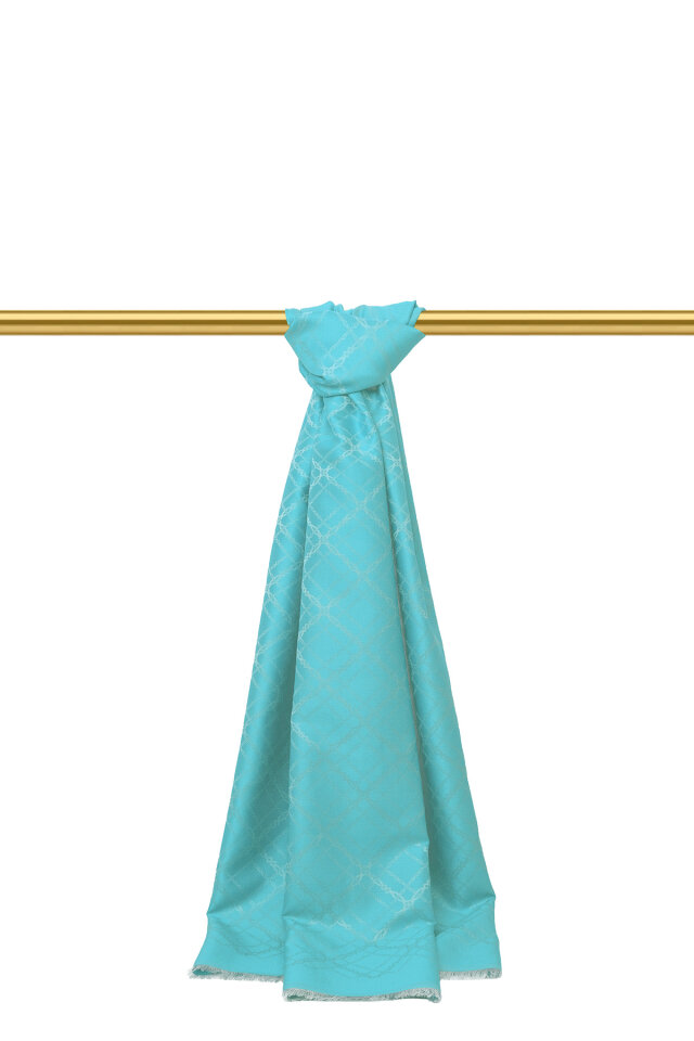 Turkuaz Zincir Desen Jakarlı İpek Şal - 1