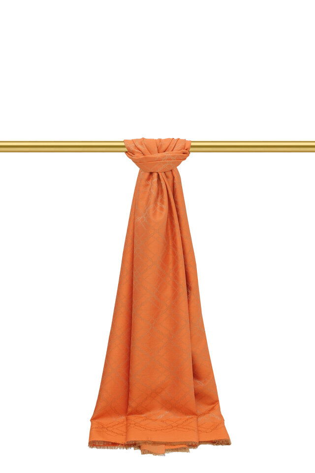 Turuncu Zincir Desen Jakarlı İpek Şal - Bursa İpek