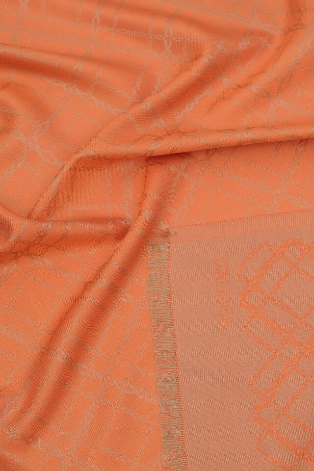 Turuncu Zincir Desen Jakarlı İpek Şal - 3