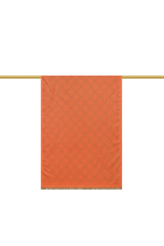 Turuncu Zincir Desen Jakarlı İpek Şal - 2