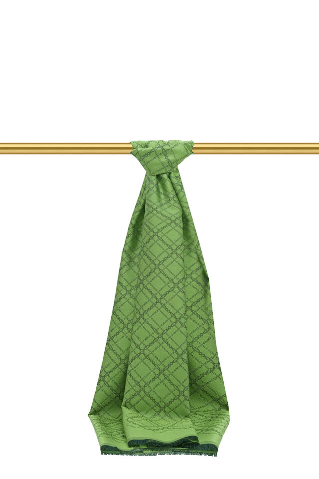 Yeşil Zincir Desen Jakarlı İpek Şal - Bursa İpek