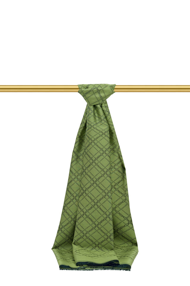 Yeşil Zincir Desen Jakarlı İpek Şal - Bursa İpek