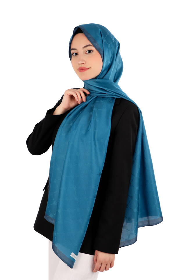 Petrol Mavi Zincir Monogram Desen İpek Şal - 2