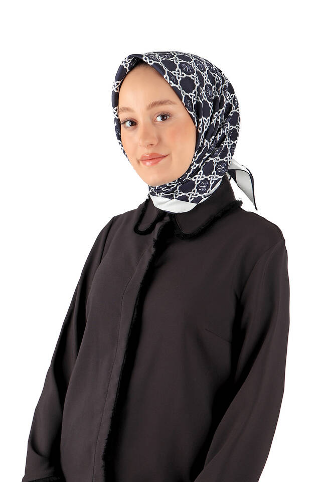 Koyu Lacivert Zincir Monogram Twill İpek Eşarp - 2